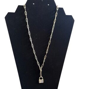 Bourbon and Bowties Gold Tone Paperclip Chain Halston Necklace Padlock Pendant